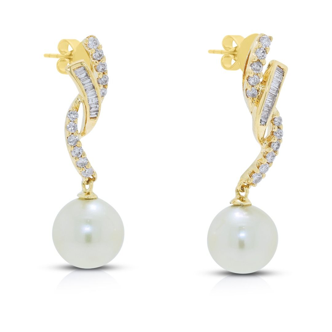 Graceful Pink Pearl & Diamond Drop Earrings in 18K Yellow Gold