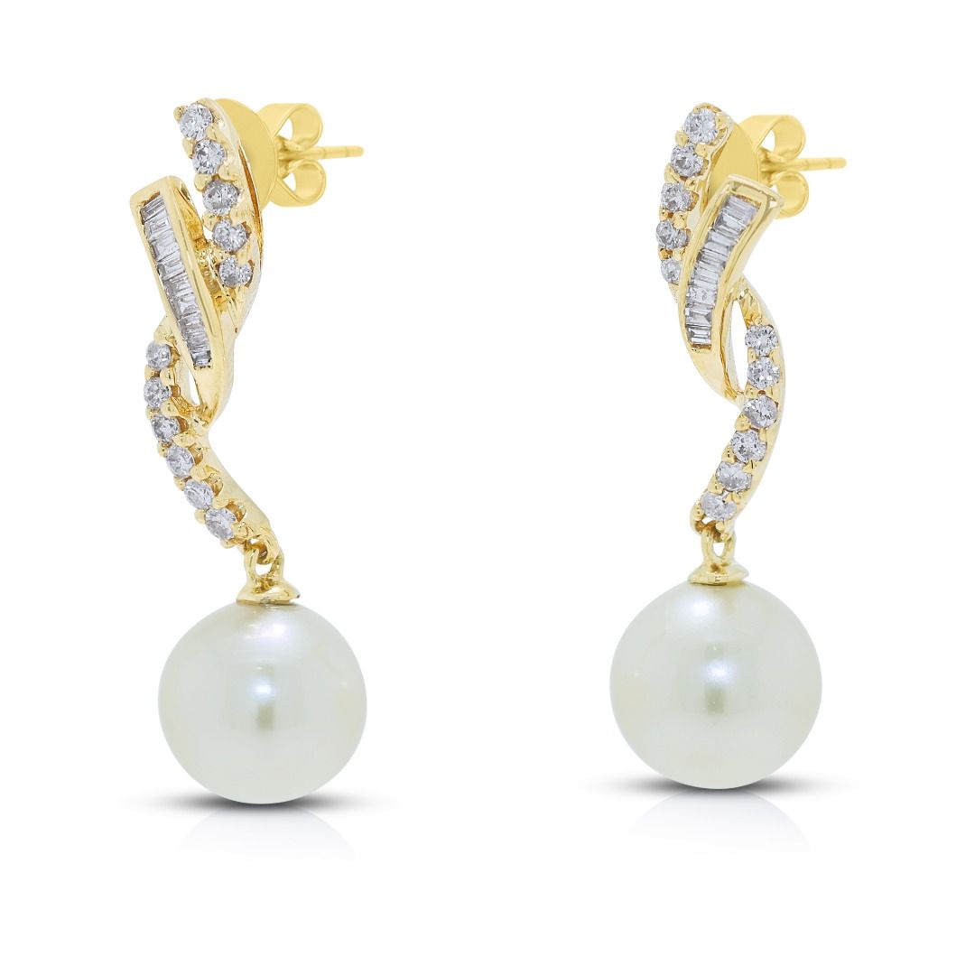 Graceful Pink Pearl & Diamond Drop Earrings in 18K Yellow Gold