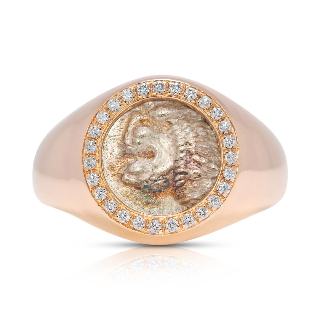 Historic Ancient Greek Lion Coin & 0.13ct Natural Diamond Ring in 18K Yellow Gold