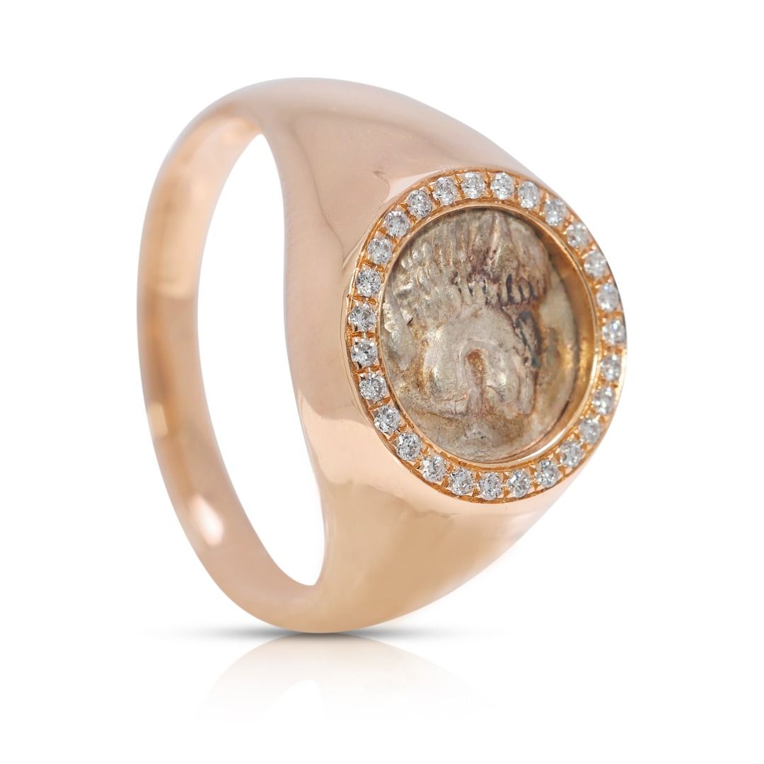Historic Ancient Greek Lion Coin & 0.13ct Natural Diamond Ring in 18K Yellow Gold