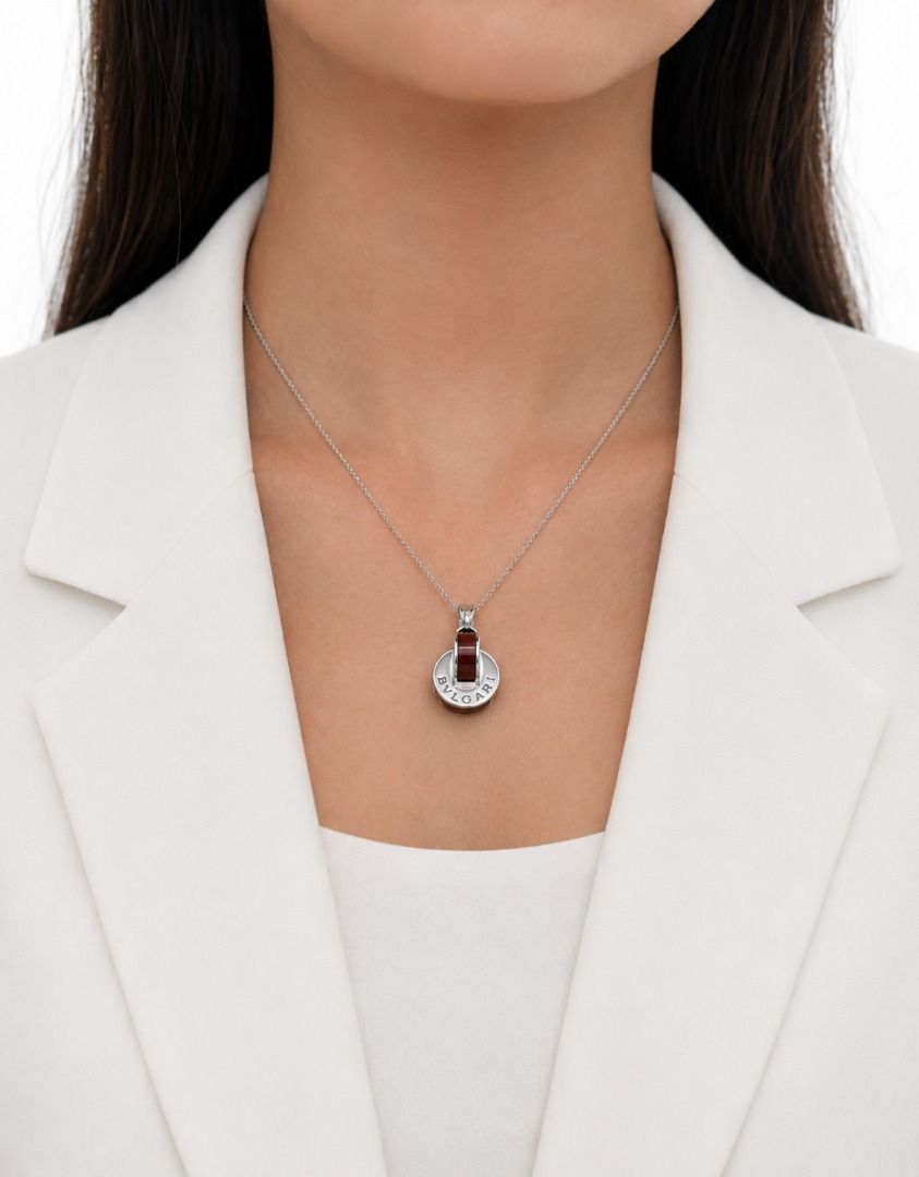 Iconic Bvlgari Dark Red Agate Pendant in 18K White Gold