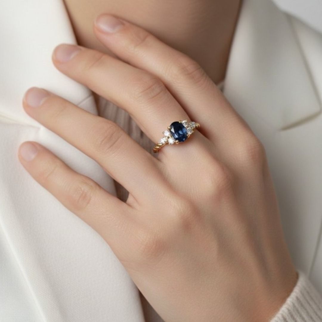 IGI Certified 0.80ct Sapphire and Diamonds Cluster Ring in 18k Yellow Gold