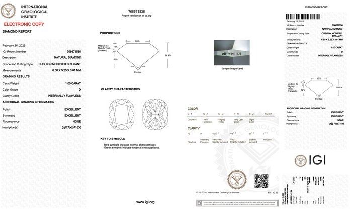 IGI Certified 1.00ct Cushion-Shaped Diamond
