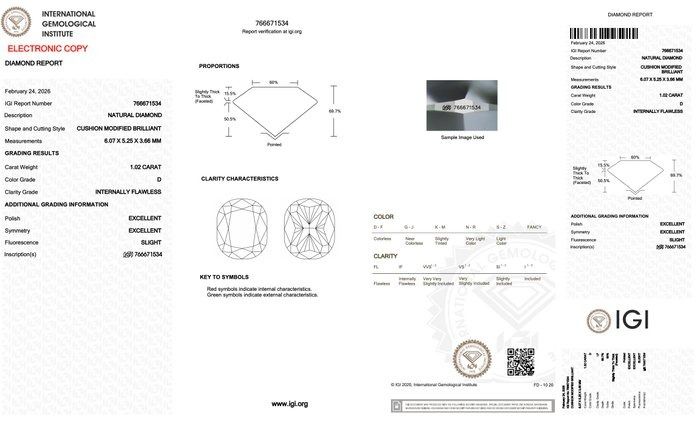 IGI Certified 1.02ct Cushion-Shaped Diamond