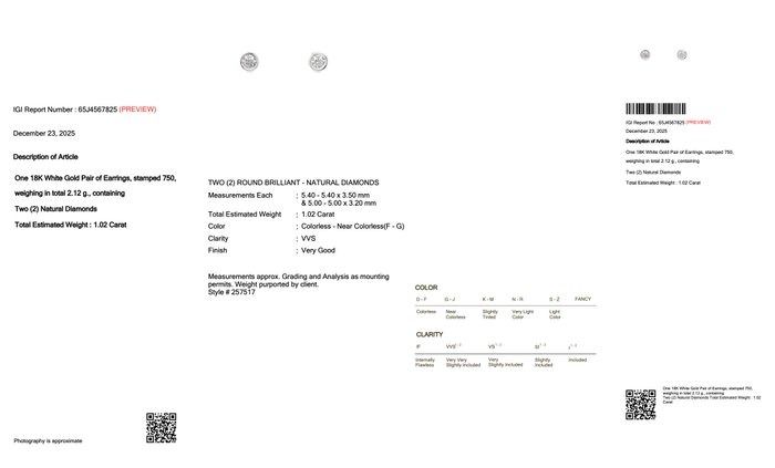 IGI Certified 1.02ct Diamonds Stud Earrings in 18k White Gold