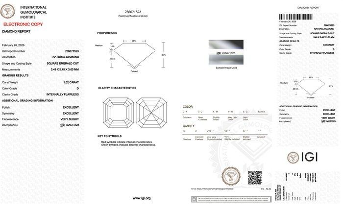 IGI Certified 1.02ct Square Emerald Diamond