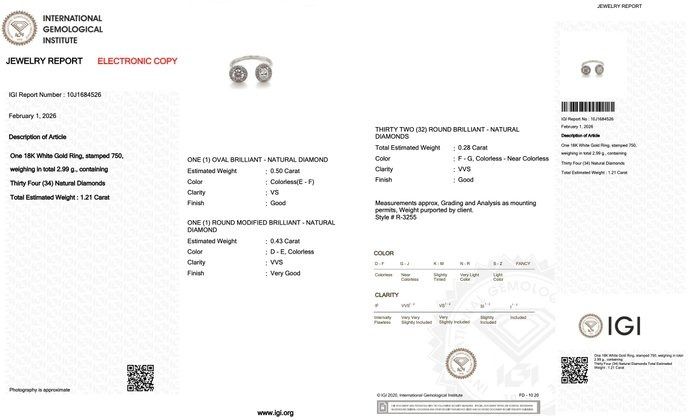 IGI Certified 1.21ct Diamonds Ring in 18k White Gold