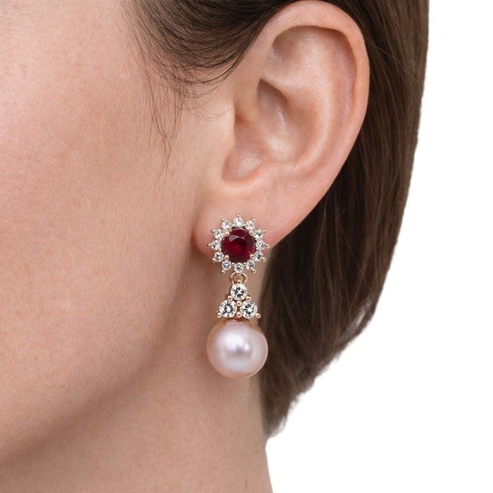 IGI Certified 13.20ct Ruby, Salt Water Pearl, and Diamonds Drop Earrings in 18k White Gold