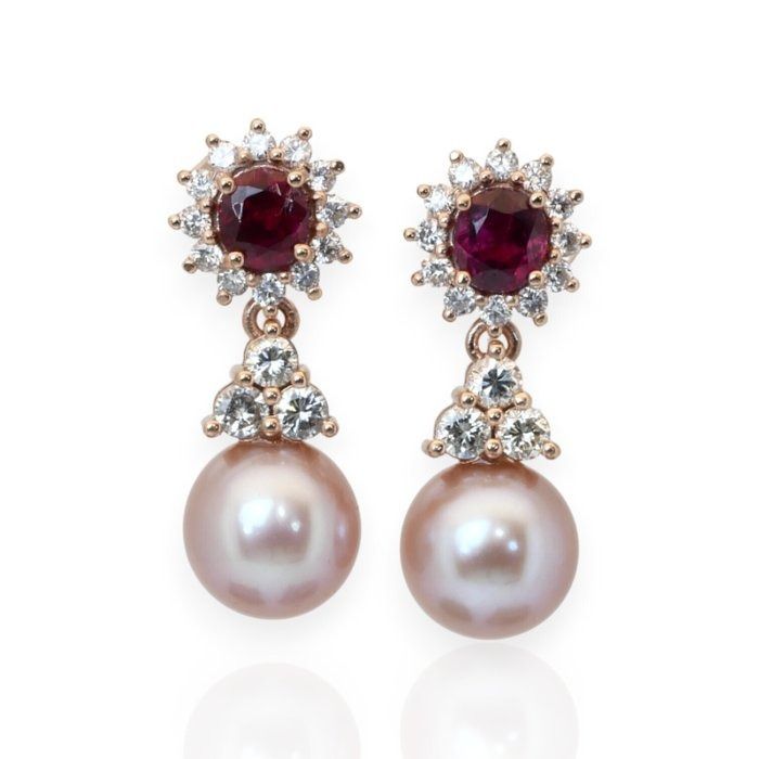 IGI Certified 13.20ct Ruby, Salt Water Pearl, and Diamonds Drop Earrings in 18k White Gold
