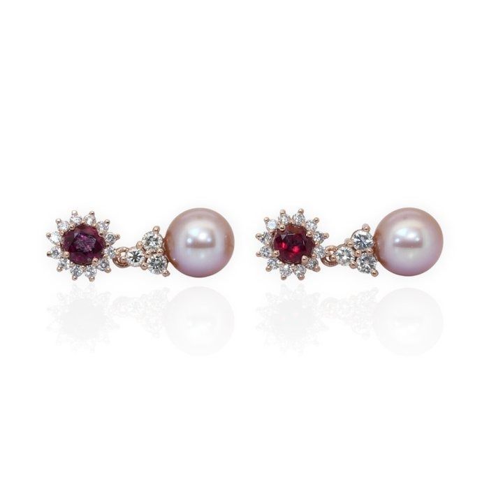 IGI Certified 13.20ct Ruby, Salt Water Pearl, and Diamonds Drop Earrings in 18k White Gold