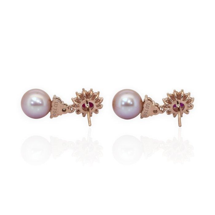 IGI Certified 13.20ct Ruby, Salt Water Pearl, and Diamonds Drop Earrings in 18k White Gold