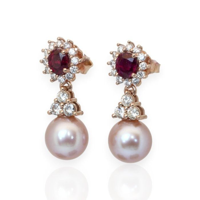 IGI Certified 13.20ct Ruby, Salt Water Pearl, and Diamonds Drop Earrings in 18k White Gold