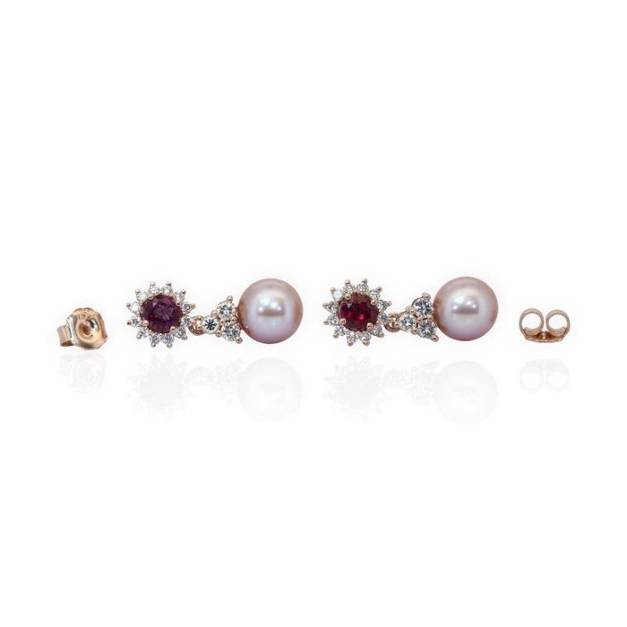 IGI Certified 13.20ct Ruby, Salt Water Pearl, and Diamonds Drop Earrings in 18k White Gold