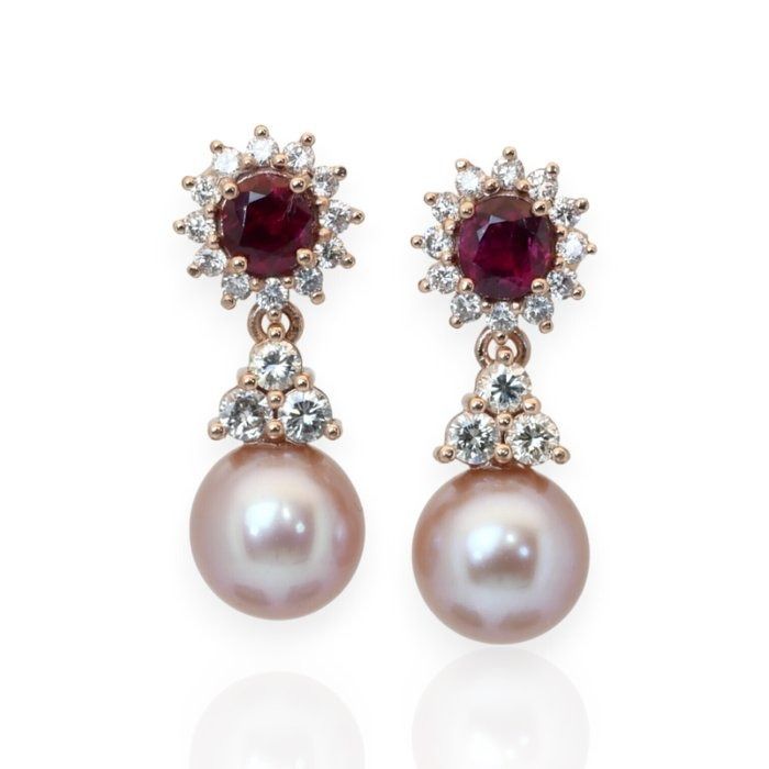 IGI Certified 13.20ct Ruby, Salt Water Pearl, and Diamonds Drop Earrings in 18k White Gold