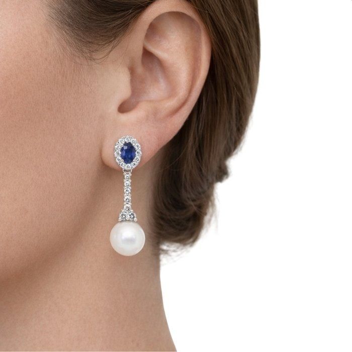 IGI Certified 13.58ct Sapphires, Diamonds, and Freshwater Cultured Pearls Drop Earrings in 18k White Gold