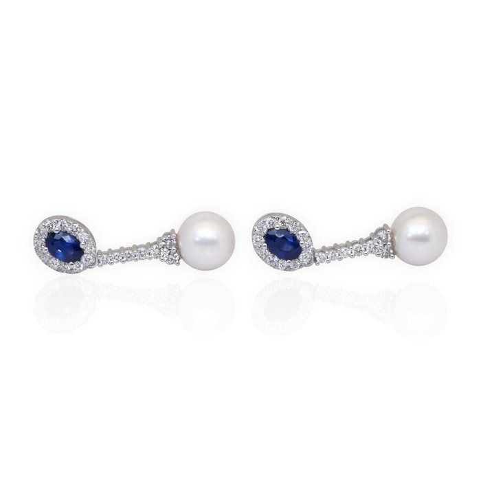 IGI Certified 13.58ct Sapphires, Diamonds, and Freshwater Cultured Pearls Drop Earrings in 18k White Gold