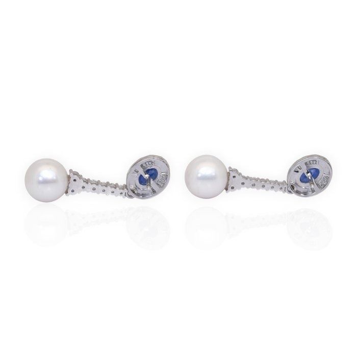 IGI Certified 13.58ct Sapphires, Diamonds, and Freshwater Cultured Pearls Drop Earrings in 18k White Gold