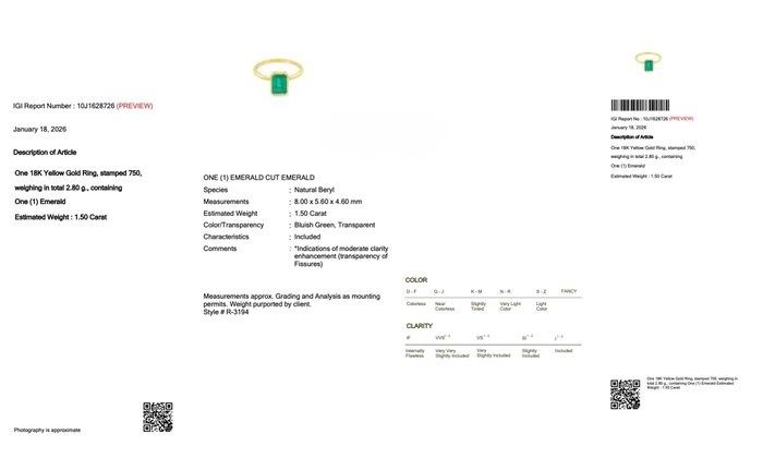 IGI Certified 1.50ct Emerald Solitaire Ring in 18k Yellow Gold
