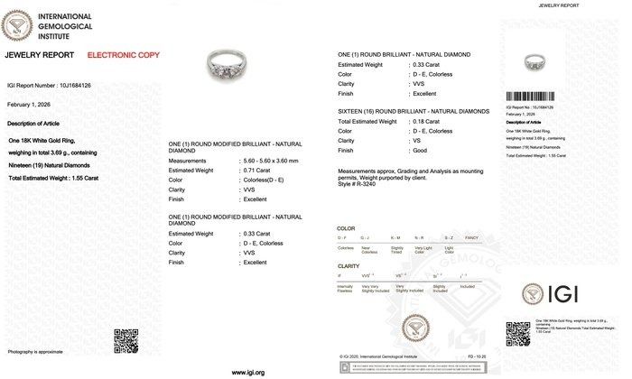 IGI Certified 1.55ct Diamonds 3-Stone Ring in 18k White Gold