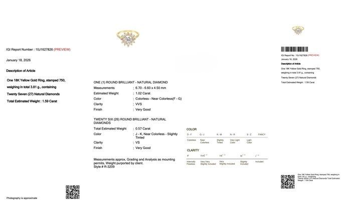 IGI Certified 1.59ct Diamonds Cluster Ring in 18k Yellow Gold