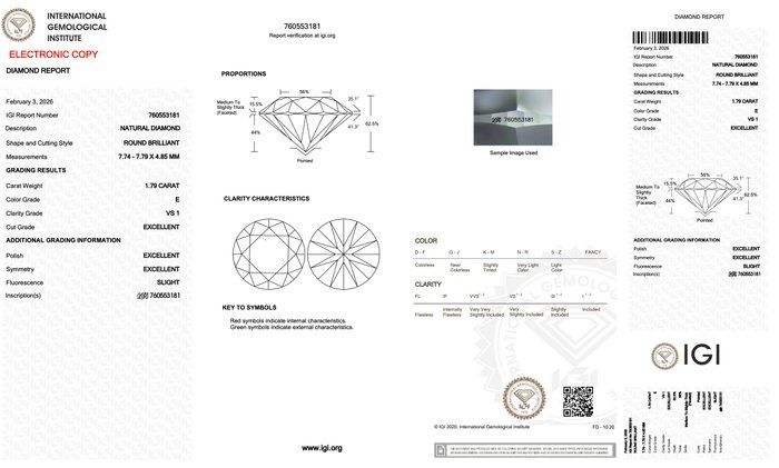 IGI Certified 1.79ct Round-Shaped Diamond