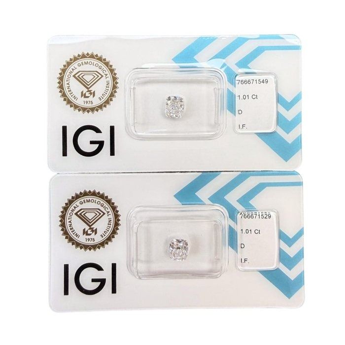 IGI Certified 2.02ct Pair of Cushion-Shaped Diamonds