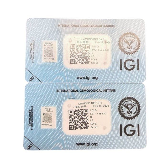 IGI Certified 2.02ct Pair of Cushion-Shaped Diamonds