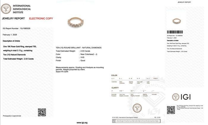 IGI Certified 2.03ct Diamonds Half-Eternity Ring in 18k Rose Gold