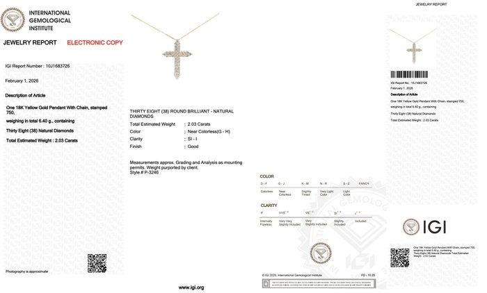 IGI Certified 2.03ct Diamonds Necklace with Cross Pendant in 18k Yellow Gold