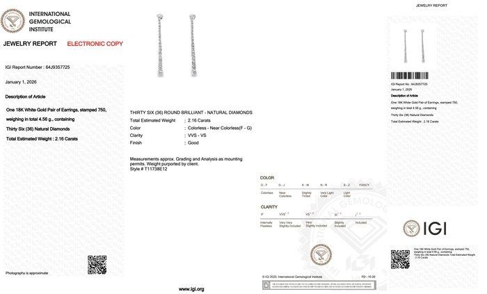 IGI Certified 2.16ct Diamonds Drop Earrings in 18k White Gold