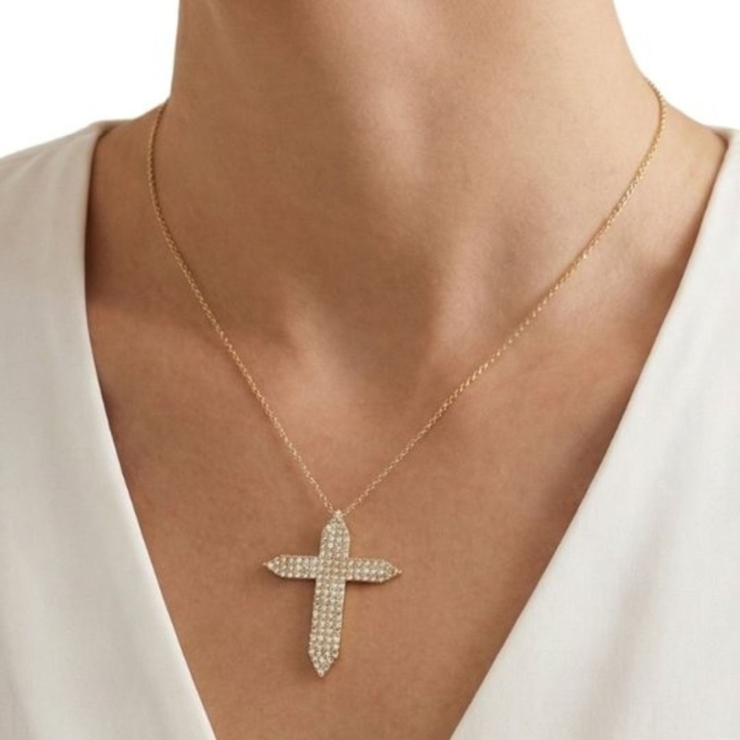 IGI Certified 2.20ct Diamonds Necklace with Cross Pendant in 18k Yellow Gold