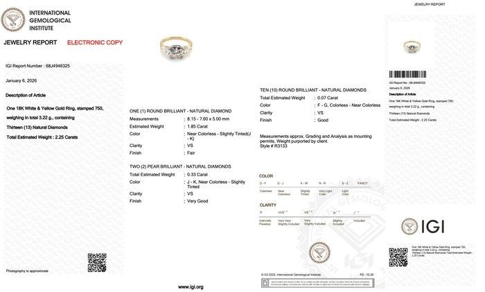 IGI Certified 2.25ct Diamonds 3-Stone Ring with Pave Accent in 18k White & Yellow Gold