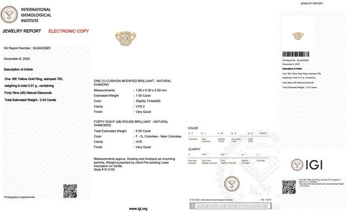 IGI Certified 2.43ct Diamonds Halo Ring in 18k Yellow Gold