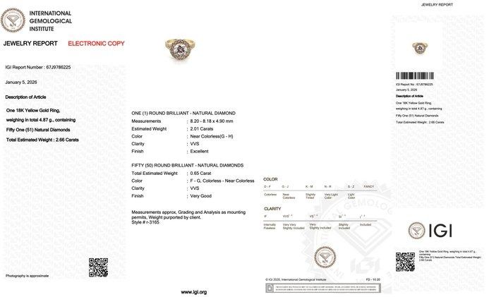 IGI Certified 2.66ct Diamonds Halo Ring in 18k Yellow Gold