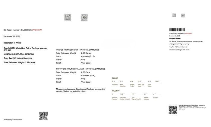 IGI Certified 2.69ct Diamonds Stud Earrings in 18k White Gold