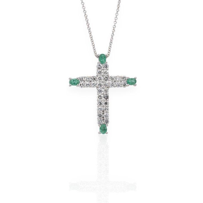 IGI Certified 2.80ct Emeralds and Diamonds Necklace with Cross Pendant in 14k White Gold