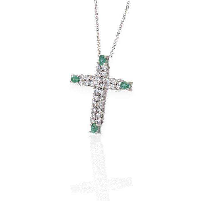 IGI Certified 2.80ct Emeralds and Diamonds Necklace with Cross Pendant in 14k White Gold