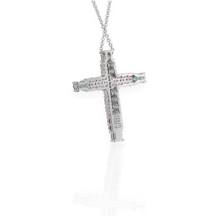 IGI Certified 2.80ct Emeralds and Diamonds Necklace with Cross Pendant in 14k White Gold