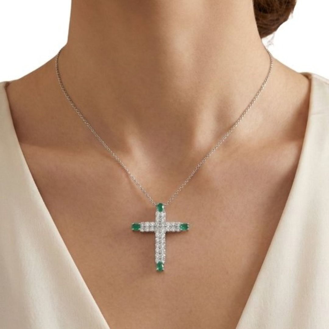IGI Certified 2.80ct Emeralds and Diamonds Necklace with Cross Pendant in 14k White Gold