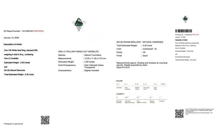 IGI Certified 2.86ct Tourmaline and Diamonds Cluster Ring in 14k White Gold