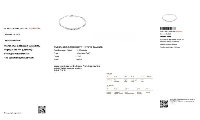 IGI Certified 2.88ct Diamonds Tennis Bracelet in 18k White Gold