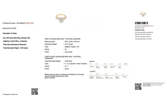 IGI Certified 3.00ct Diamonds Pave Ring in 18k Rose Gold