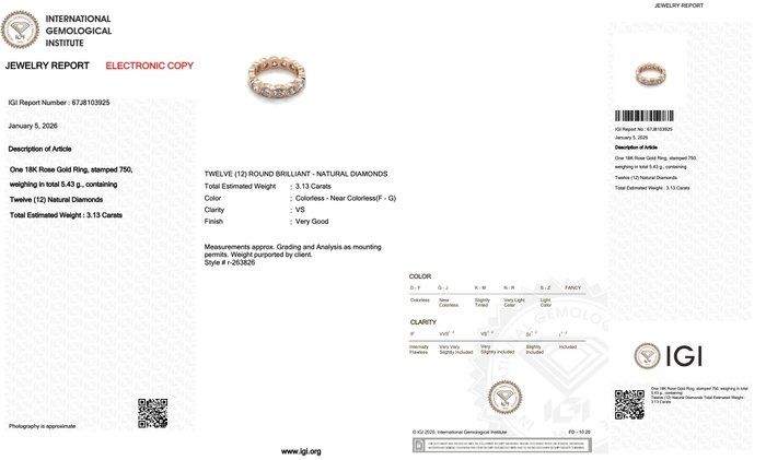 IGI Certified 3.13ct Diamonds Eternity Band Ring in 18k Rose Gold