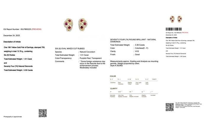 IGI Certified 3.36ct Rubies and Diamonds Earrings in 18k Yellow Gold