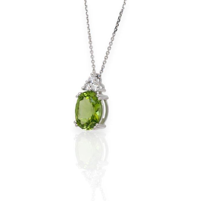 IGI Certified 3.71ct Peridot and Diamonds Necklace with Pendant in 14k White Gold