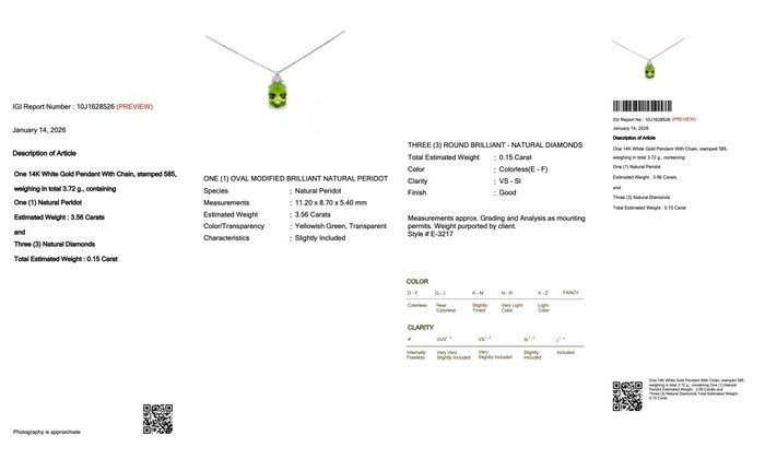 IGI Certified 3.71ct Peridot and Diamonds Necklace with Pendant in 14k White Gold