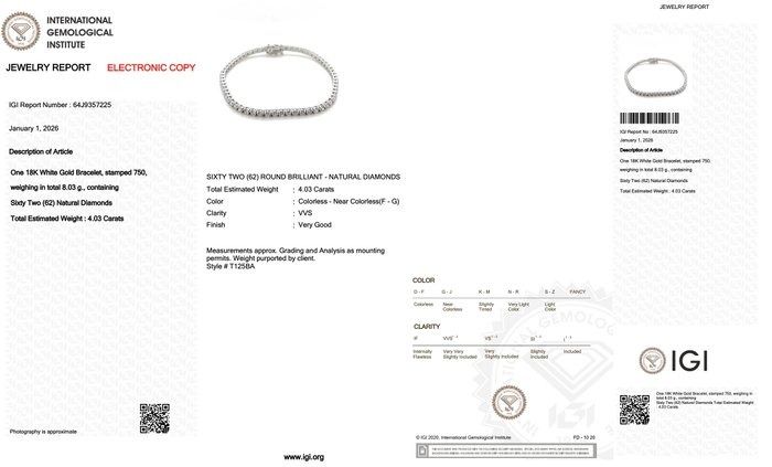 IGI Certified 4.03ct Diamonds Bracelet in 18k White Gold
