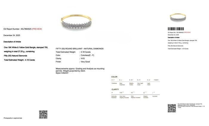 IGI Certified 4.18ct Diamonds Bangle in 18k White & Yellow Gold