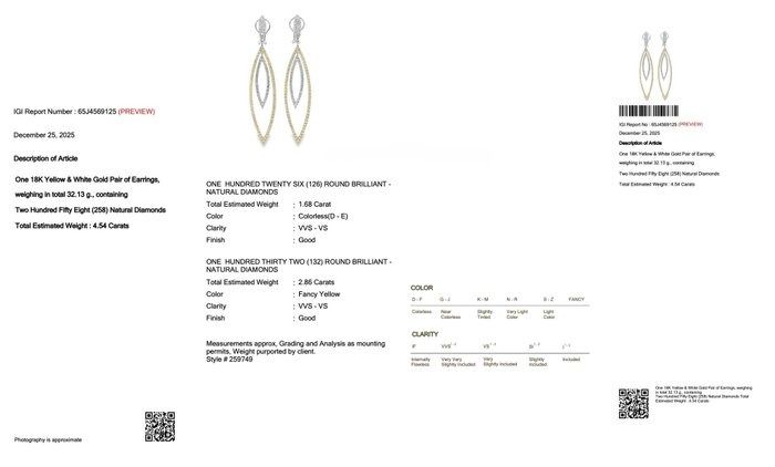 IGI Certified 4.54ct Diamonds Drop Earrings in 18k Yellow & White Gold
