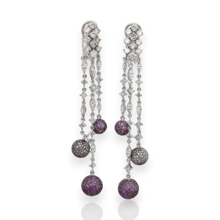 IGI Certified 5.60ct Sapphires and Diamonds Drop Earrings in 18k White Gold